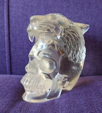 5.1" K9 Crystal Hand Carved Skull and Tiger Sculpture by Skullis