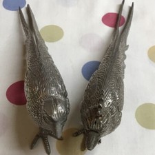 Pair of Ornamental Pewter Peacocks - Peacock & Peahen Display Menu Holder