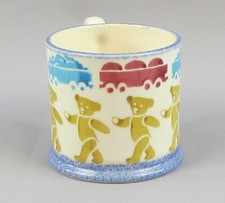 BRIXTON POTTERY Vintage Spongeware Small Teddy Bears & Trains Christening Mug