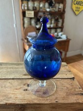 Vintage Blue Glass Lidded Bon Bon / Apothecary Jar – Italian – Great! –