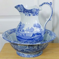 SPODE Italian Blue & White Large Wash Jug/ Pitcher and Footed Bowl Basin PERFECT
