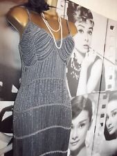 KAREN MILLEN ❤️VINTAGE GREY BEADED CROCHET GATSBY FLAPPER PARTY DRESS  2 UK 8-10