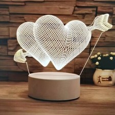 Monochrome Night Light Double Heart 3D White Base Table Lamp Décor Gift NEW