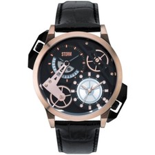 Original Mens Watch STORM DUALON Black Leather Strap Skeleton Dual Time