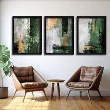 Gold Silver Bottle Green Wall Art Set of 3 Prints Abstract Artwork For Lounge
