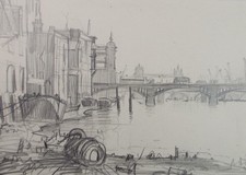 Original Pencil Sketch, 'The Thames at  London', unknown artist, circa 1970's