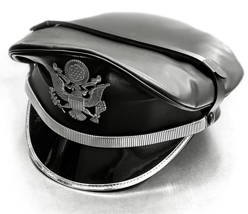 Black leather military peaked - black,