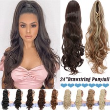 BODY WAVY Ponytail Clip In Hair Extensions Natural Drawstring Pony tail As Human