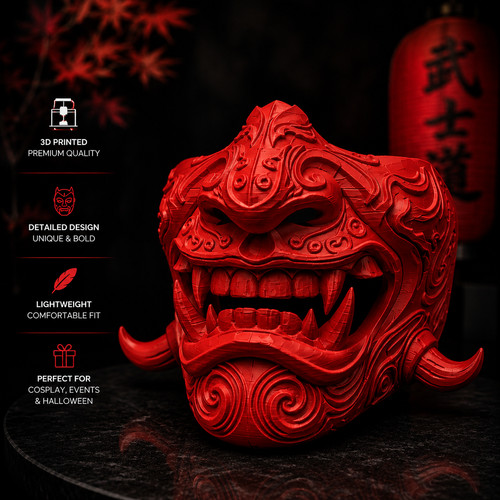Red oni demon mask printed - mask, 3d
