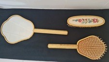 Vintage Goldtone Decorated Brush Set  C 1940S/50s. Embroidered Backing GC