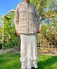 NEW handmade Hand KNit Waffle Aran Fisherman Chunky Winter Zip Cardigan L 12 14