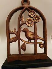 Large Decorative Bird In Cage Wooden Figurine Sculpture 