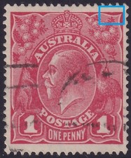 AUST KGV 1d RED SWk. FLAW - 'NOTCH TOP FRAME at RIGHT. USED. (L600)
