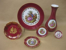Limoges Porcelain Vase & 5 Plates ~ Fragonard Lovers ~ Burgundy & Gold