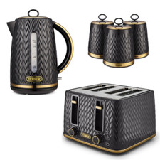 Empire Kettle, 4-Slice Toaster, Tea, Coffee, Sugar Canisters in Black with Brass