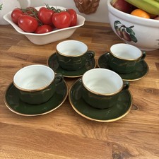 Apilco Porcelain - Green & Gold - Tea Cup & Saucer Set x 4