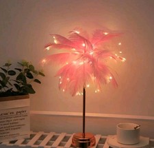 Pink Feather Table Lamp, LED Table Lamp With Usb Charger