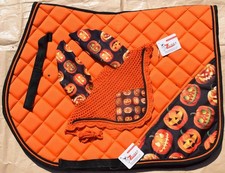 Halloween  orange Horse Saddle Pad and Fly Veil Set Equestrian Tack Ghost Zainee