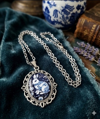 Blue white floral rabbit - white,
