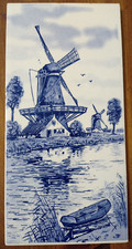 Wall Tile Delft Blue & White Porcelain Stoneware Windmill Water Dutch Scene 20cm
