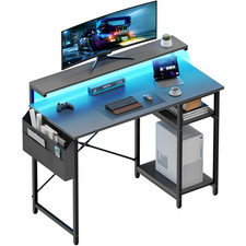 Computer Desk with LED Lights and Monitor Stand, Office Desk with Storage Bag