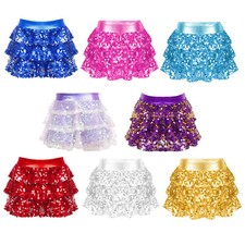 UK Kids Girls Dance Dancer Skirted Ruffle Shorts Sequins Clothes Waltz Dress Up