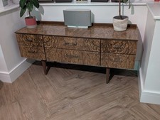 Vintage Mid Century Sideboard / Dresser – Burl Veneer 1970s Retro 6 Drawer