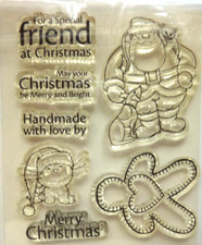 7 Clear Acrylic Stamps MERRY CHRISTMAS Santa Kitten w. Hat Gingerbread Phrases