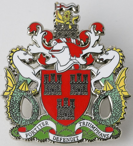 Town and city pin badges - and,