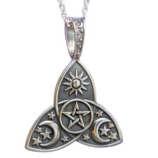 Triquetra Pentacle Pendant Sun Moon & Stars Necklace 925 Sterling Silver & Boxed