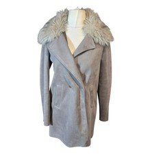 River Island Grey Suedette Coat – Size 10 – Faux Fur Collar Wrap Style Oversized