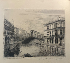 Two Pencil-Signed Venice Etchings, Emanuele Brugnoli Rialto Bridge Doge's Palace