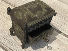 Old Iron Brass Metal Miniature Treasure Chest Trunk Money Jewelry Casket Box Key
