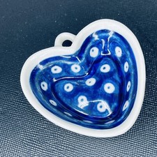 Ceramika Artystyczna Polish Pottery Heart Bowl Dish Trinket Blue Dot in Dot