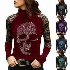 Womens Gothic Lace Skull Tops Ladies Punk Long Sleeve T Shirt Blouse Size 6-14