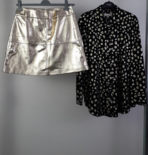 M&S 2Pcs Set Size 12 Gold Coated Mini Skirt Black Animal Print Blouse NEW F2