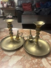 Pair of ancient brass chamber candlesticks with snuffers
