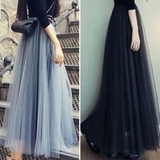 Women Elegant Mesh Tulle Tutu Skirt Layered Pleated Party Lady Maxi Long Dress