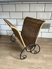 Vintage Wicker Rattan & Black Metal Iron Magazine Rack Holder Boho Hygge Scroll