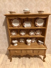 Dolls House 1/12 Scale Miniature Victorian Old Pine Dresser & Pink Floral China