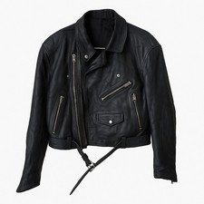 Mens Black Leather Biker Jacket L  Heavy Cowhide Belted Multi Zip Classic Rocker