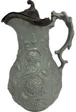 Vintage Embossed Ceramic Pitcher with Ornate Metal Lid - #1001