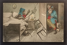 Comic Postcard C1910 Anthropomorphic Chimpanzees Drunk Husband Wife Bed Fly Swat
