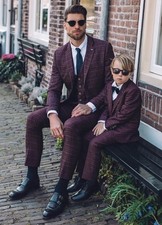 Boys Cavani Burgundy Tweed Check 3 Piece Suit Blazer, Waistcoat & Trousers Age 9