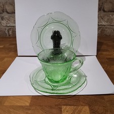 Uranium Hazel Atlas “Royal Lace” Tea Cup, Saucer plate  Depression Glass - 1930s