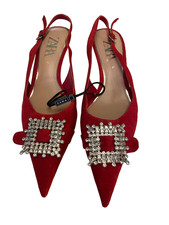 ZARA RED KITTEN HEEL SUEDETTE SLINGBACK SANDALS WITH RHINESTONE DIAMANTE BUCKLE