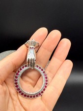Vintage Silver Magnifying Glass Pendant 65cm long with Ruby Decorations
