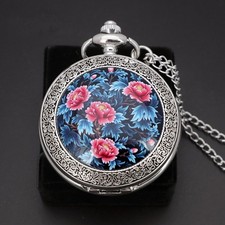 Silver Full Hunter Pocket Watch with Chain Quartz Festival Gifts For Womens Mens