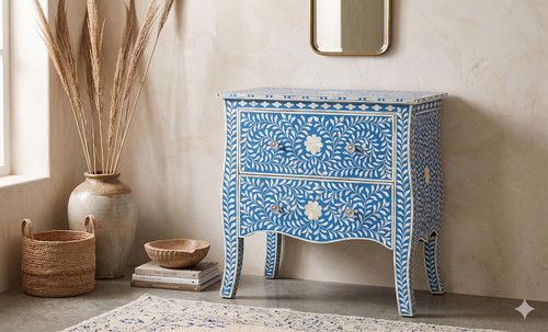 Bone inlay bedside table with - table,