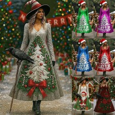 Women Christmas Long Sleeve XMAS PRINTED Party Maxi Fancy Dress PLUS SIZE 6-24